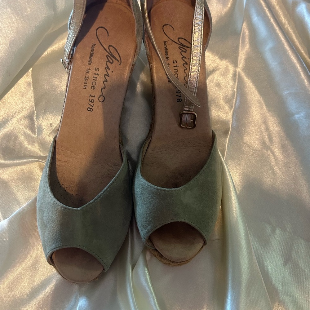 Giamo Olive Peep-Toe Wedges with Metallic Strap